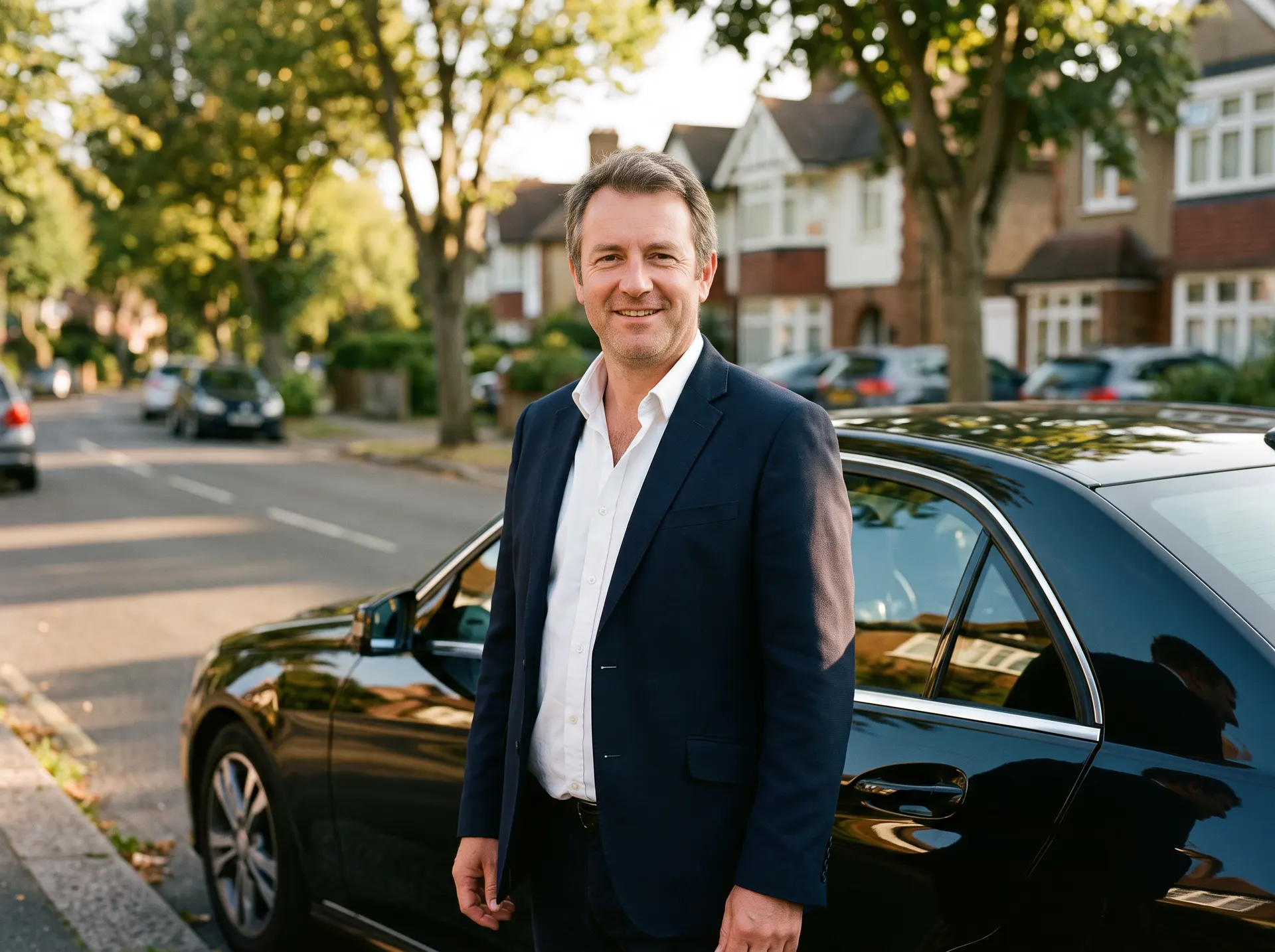Friendly Esher Cars driver beside a black saloon
